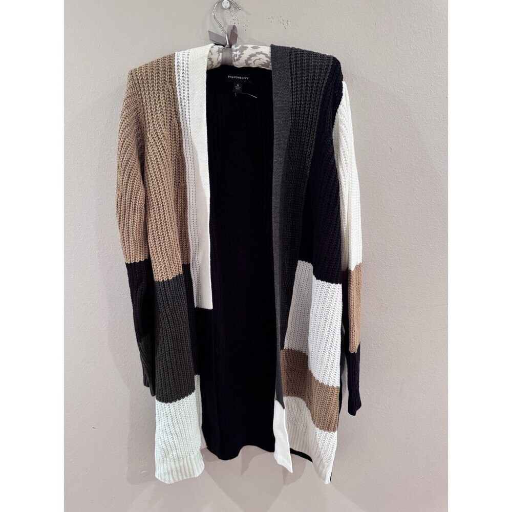 Fortune & Ivy Edwina Long Sleeve Colorblock Cardigan Size Medium Black Tan Ivory